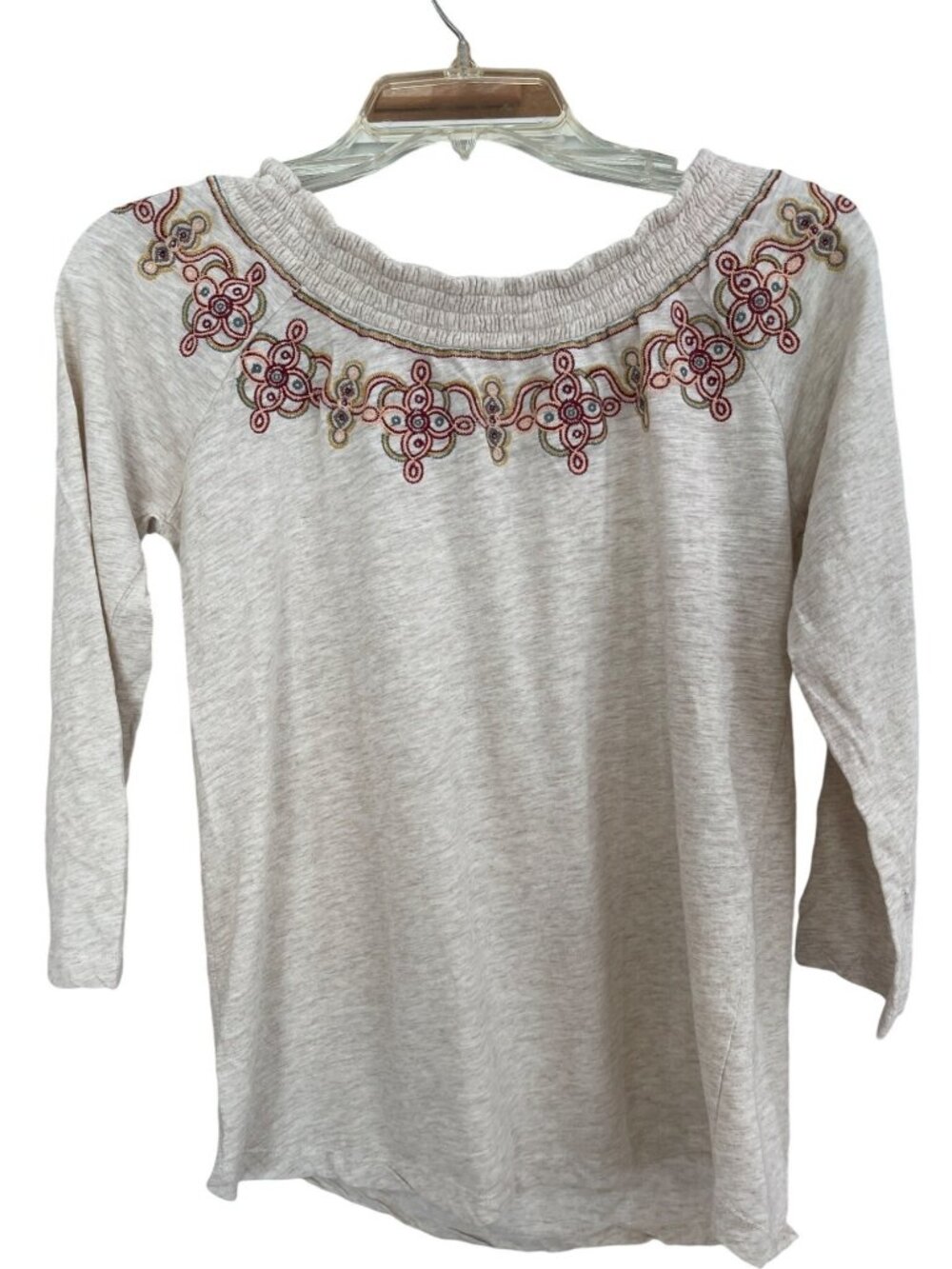 Orvis Fall Autumn Embroidered Cream Scoop Neck Size XS Boho Peasant 3/4 Sleeve